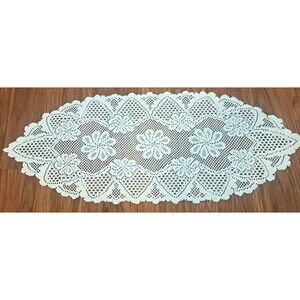 Ivory Knit Lace Table Runner Dresser Scarf Centerpiece Floral Country 35x14